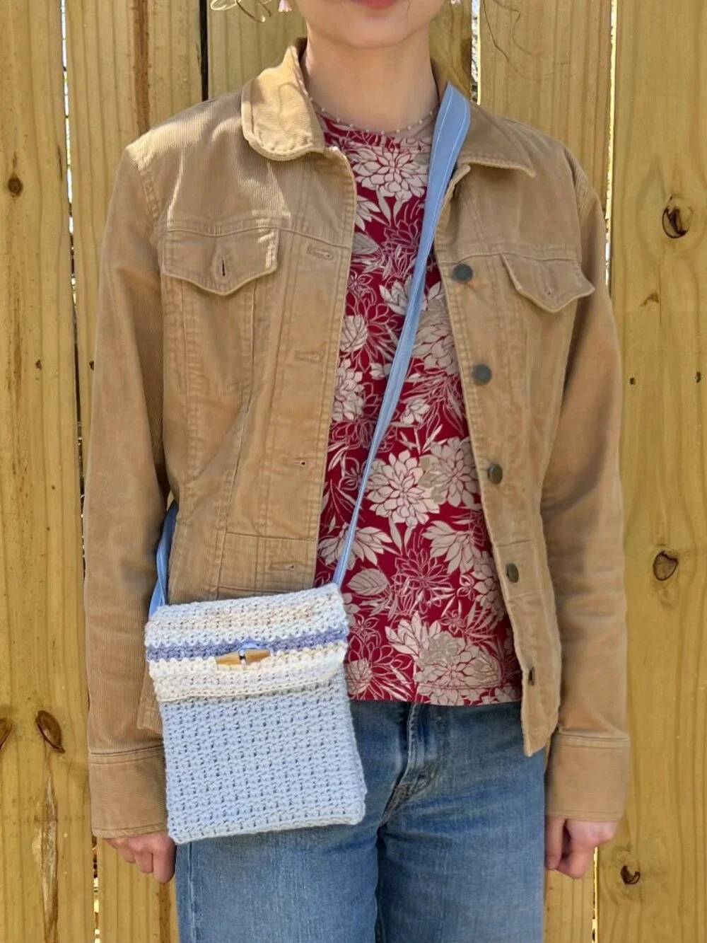 Upcycled Crochet Crossbody Purse Handmade with Repurposed Lining & Button